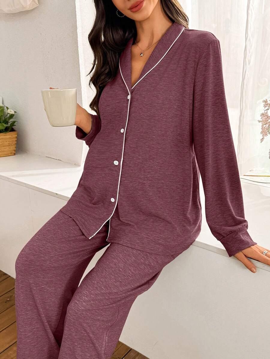Moonlight and Mama Khaki Contrast Trim Maternity Pajama Set - Long Sleeve Lapel Collar Top and Pants 2 Piece Set - Casual Fall Winter Sleepwear