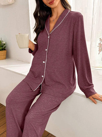 Moonlight and Mama Khaki Contrast Trim Maternity Pajama Set - Long Sleeve Lapel Collar Top and Pants 2 Piece Set - Casual Fall Winter Sleepwear