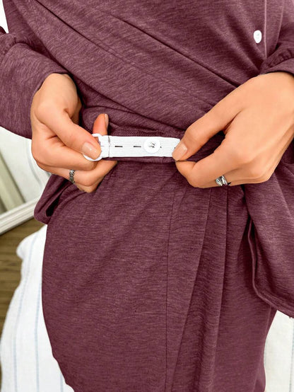 Moonlight and Mama Khaki Contrast Trim Maternity Pajama Set - Long Sleeve Lapel Collar Top and Pants 2 Piece Set - Casual Fall Winter Sleepwear