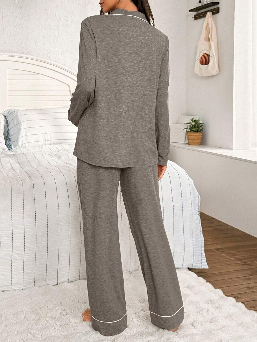 Moonlight and Mama Khaki Contrast Trim Maternity Pajama Set - Long Sleeve Lapel Collar Top and Pants 2 Piece Set - Casual Fall Winter Sleepwear