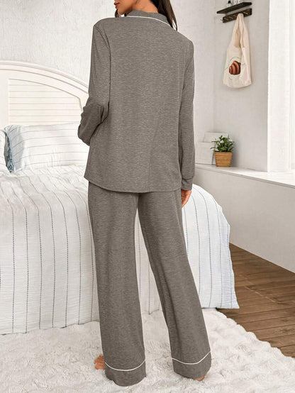Moonlight and Mama Khaki Contrast Trim Maternity Pajama Set - Long Sleeve Lapel Collar Top and Pants 2 Piece Set - Casual Fall Winter Sleepwear