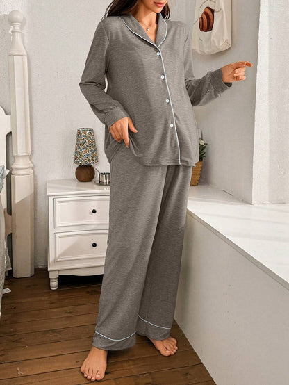 Moonlight and Mama Khaki Contrast Trim Maternity Pajama Set - Long Sleeve Lapel Collar Top and Pants 2 Piece Set - Casual Fall Winter Sleepwear