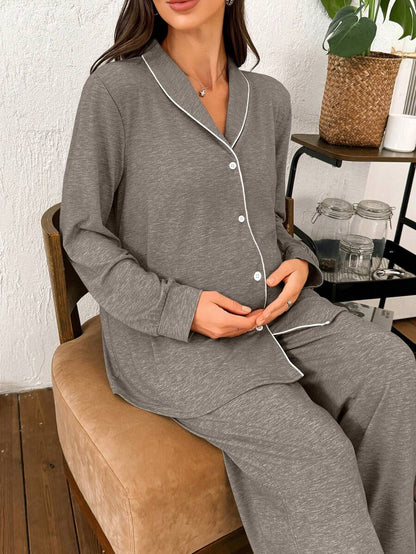 Moonlight and Mama Khaki Contrast Trim Maternity Pajama Set - Long Sleeve Lapel Collar Top and Pants 2 Piece Set - Casual Fall Winter Sleepwear