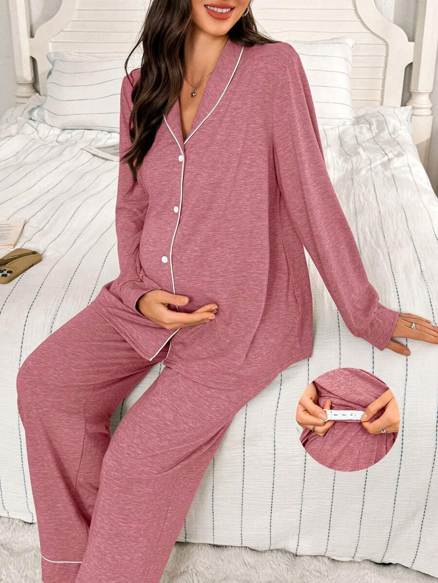 Moonlight and Mama Khaki Contrast Trim Maternity Pajama Set - Long Sleeve Lapel Collar Top and Pants 2 Piece Set - Casual Fall Winter Sleepwear