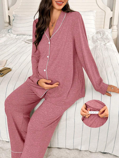 Moonlight and Mama Khaki Contrast Trim Maternity Pajama Set - Long Sleeve Lapel Collar Top and Pants 2 Piece Set - Casual Fall Winter Sleepwear