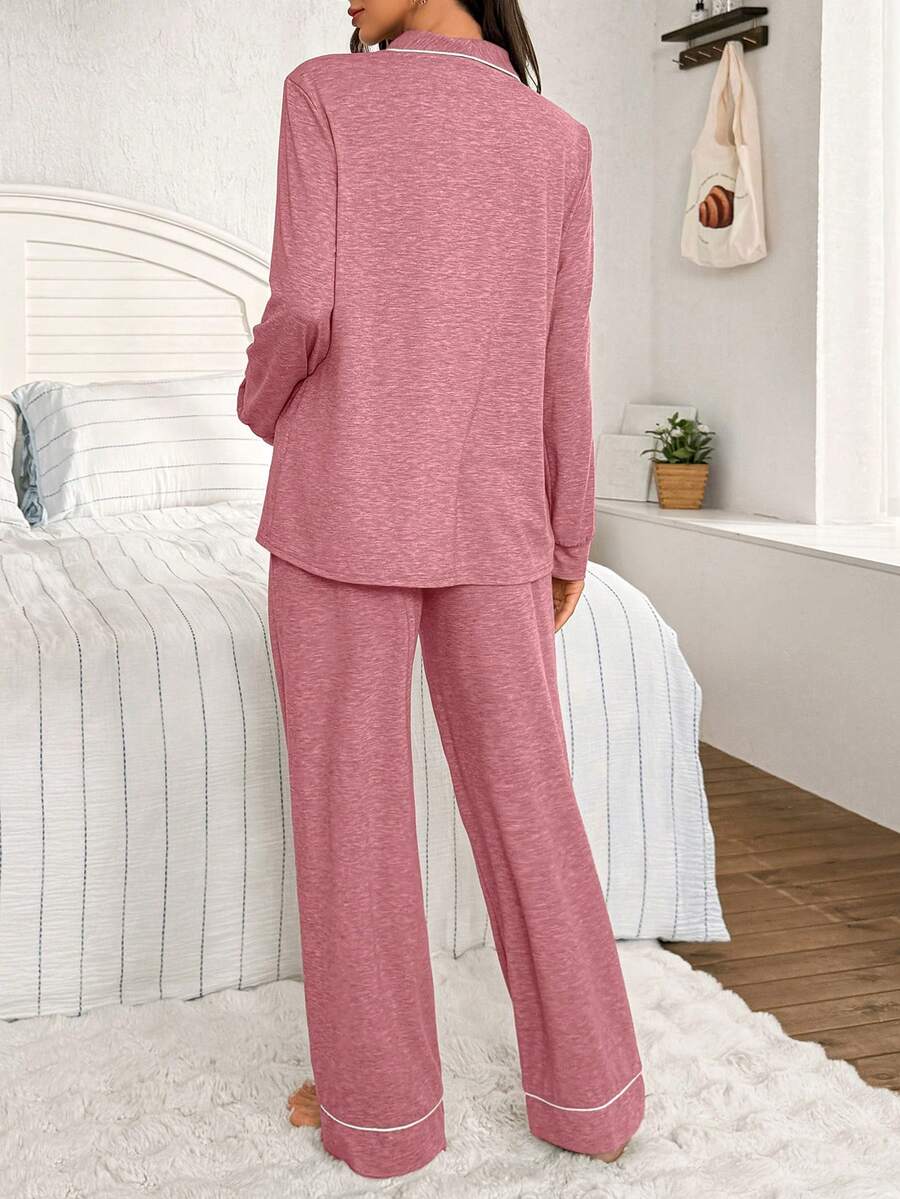 Moonlight and Mama Khaki Contrast Trim Maternity Pajama Set - Long Sleeve Lapel Collar Top and Pants 2 Piece Set - Casual Fall Winter Sleepwear