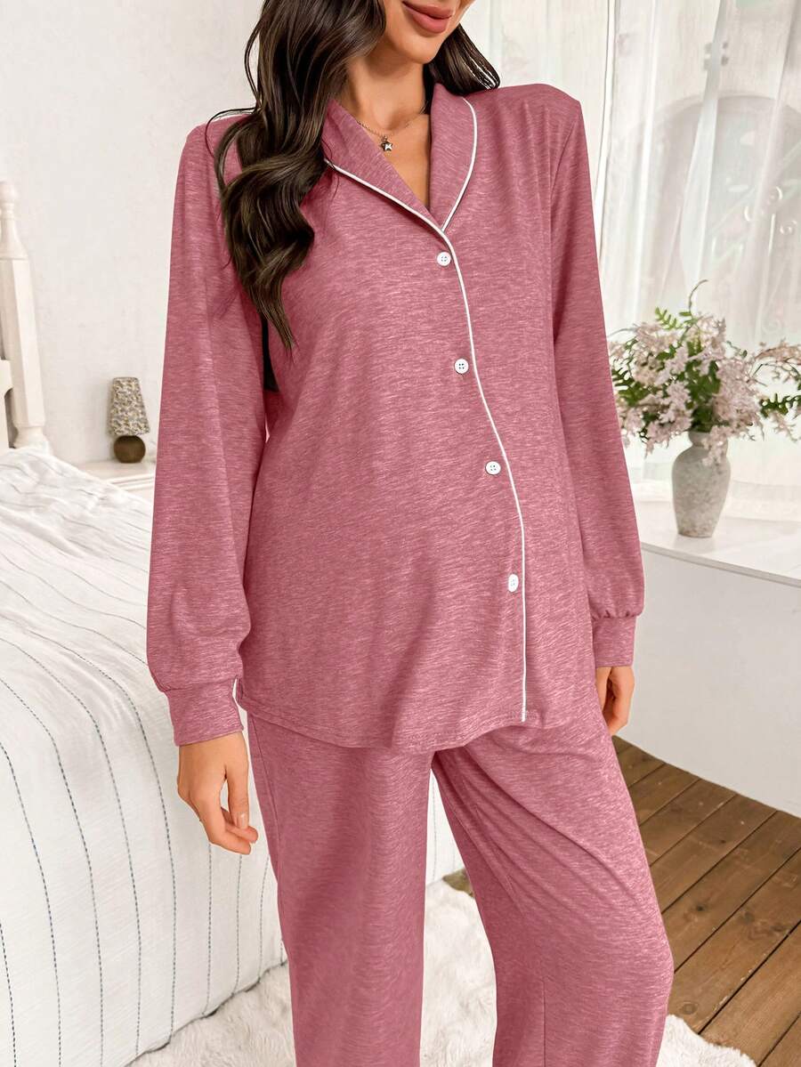Moonlight and Mama Khaki Contrast Trim Maternity Pajama Set - Long Sleeve Lapel Collar Top and Pants 2 Piece Set - Casual Fall Winter Sleepwear