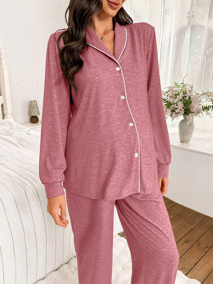 Moonlight and Mama Khaki Contrast Trim Maternity Pajama Set - Long Sleeve Lapel Collar Top and Pants 2 Piece Set - Casual Fall Winter Sleepwear