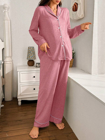 Moonlight and Mama Khaki Contrast Trim Maternity Pajama Set - Long Sleeve Lapel Collar Top and Pants 2 Piece Set - Casual Fall Winter Sleepwear