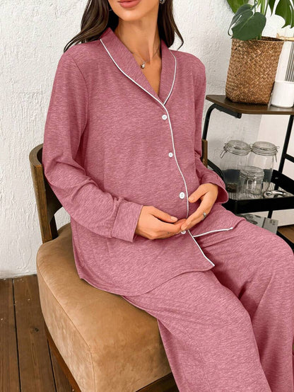 Moonlight and Mama Khaki Contrast Trim Maternity Pajama Set - Long Sleeve Lapel Collar Top and Pants 2 Piece Set - Casual Fall Winter Sleepwear