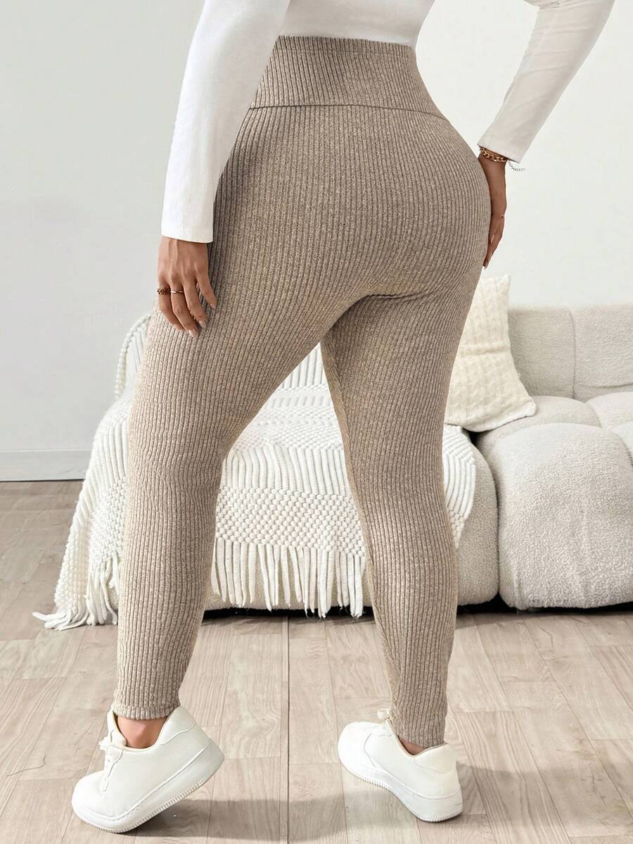 Plus Size Ribbed Knit Ultra High Waist Maternity Leggings - Adjustable Slim Fit Office Pants