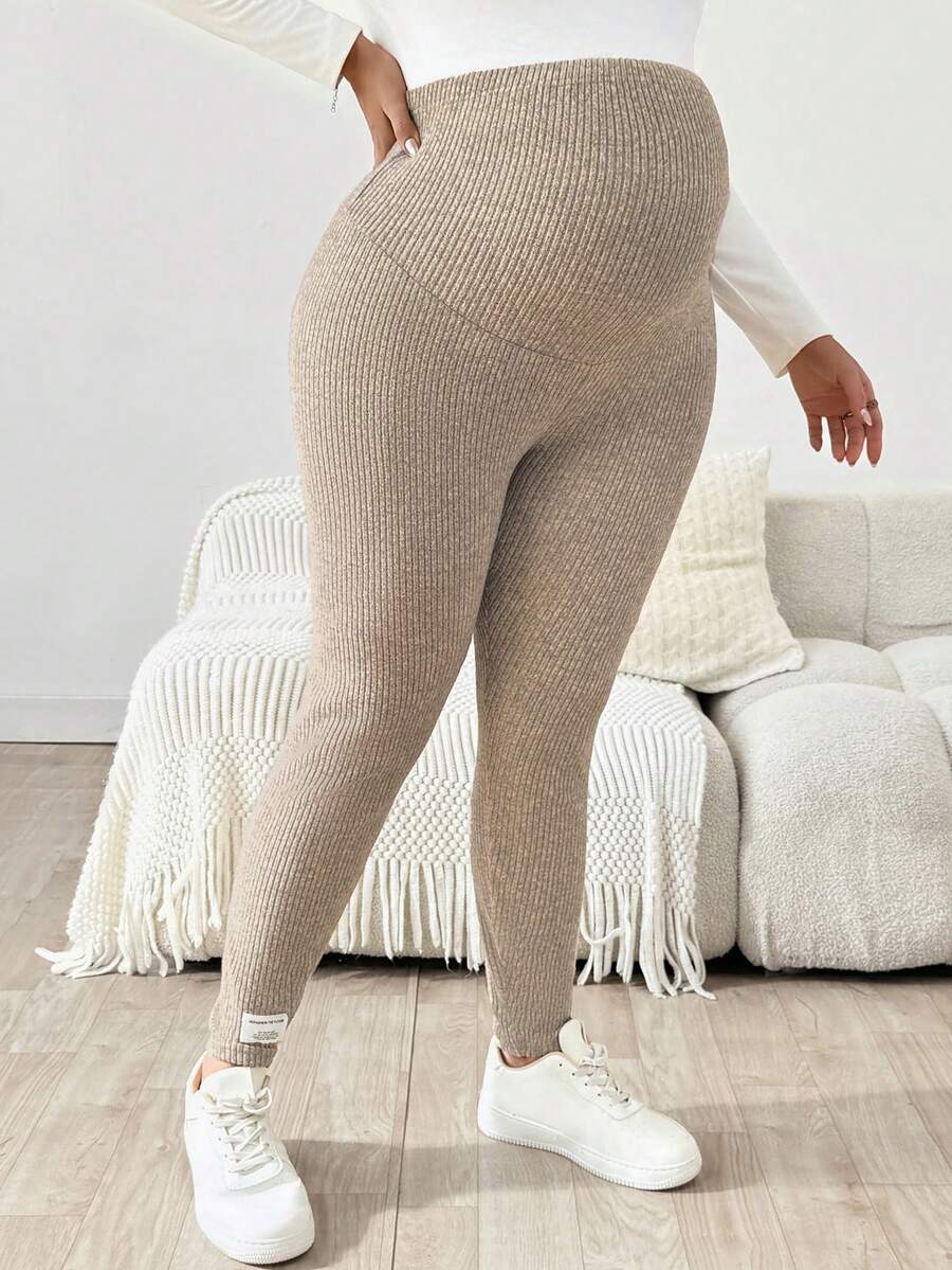 Plus Size Ribbed Knit Ultra High Waist Maternity Leggings - Adjustable Slim Fit Office Pants