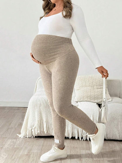 Plus Size Ribbed Knit Ultra High Waist Maternity Leggings - Slim Fit Office Commute Pants