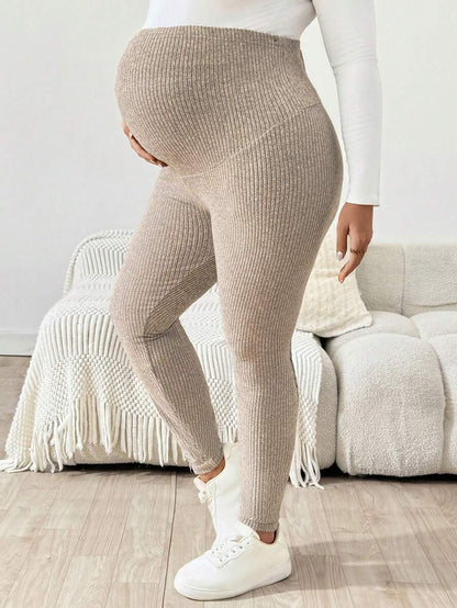 Plus Size Ribbed Knit Ultra High Waist Maternity Leggings - Slim Fit Office Commute Pants