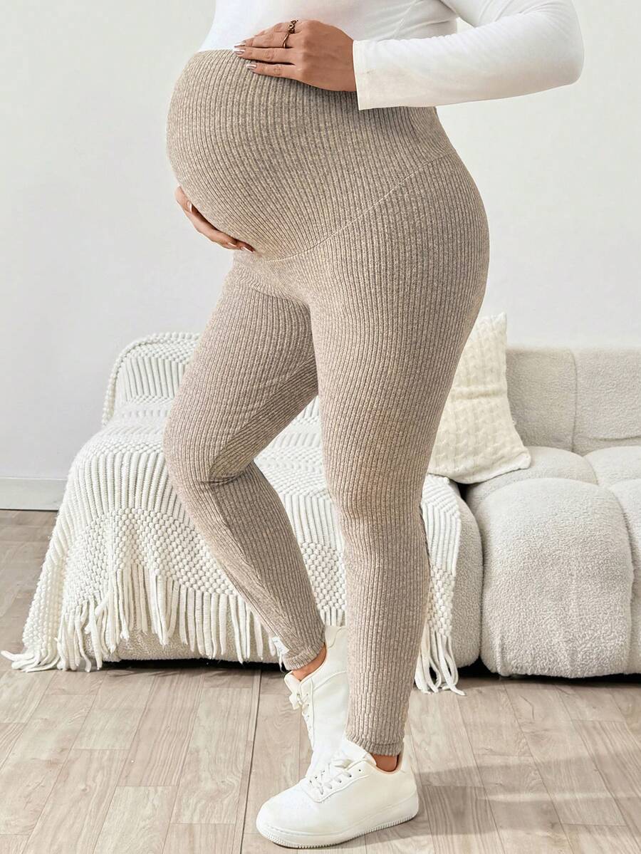 Plus Size Ribbed Knit Ultra High Waist Maternity Leggings - Adjustable Slim Fit Office Pants