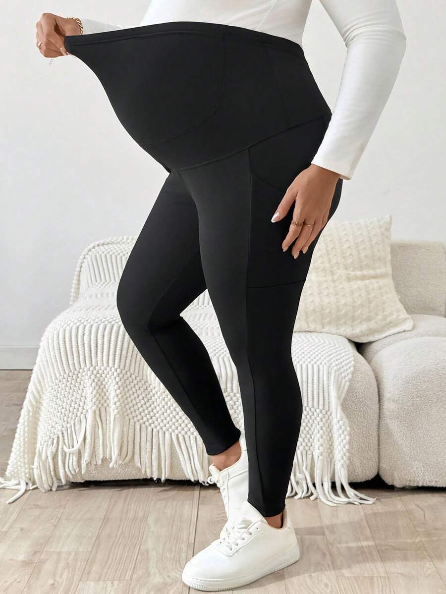 Plus Size Maternity Leggings - Adjustable Waist, Phone Pocket, Ultra High Waist, Slim Fit, Royal Blue