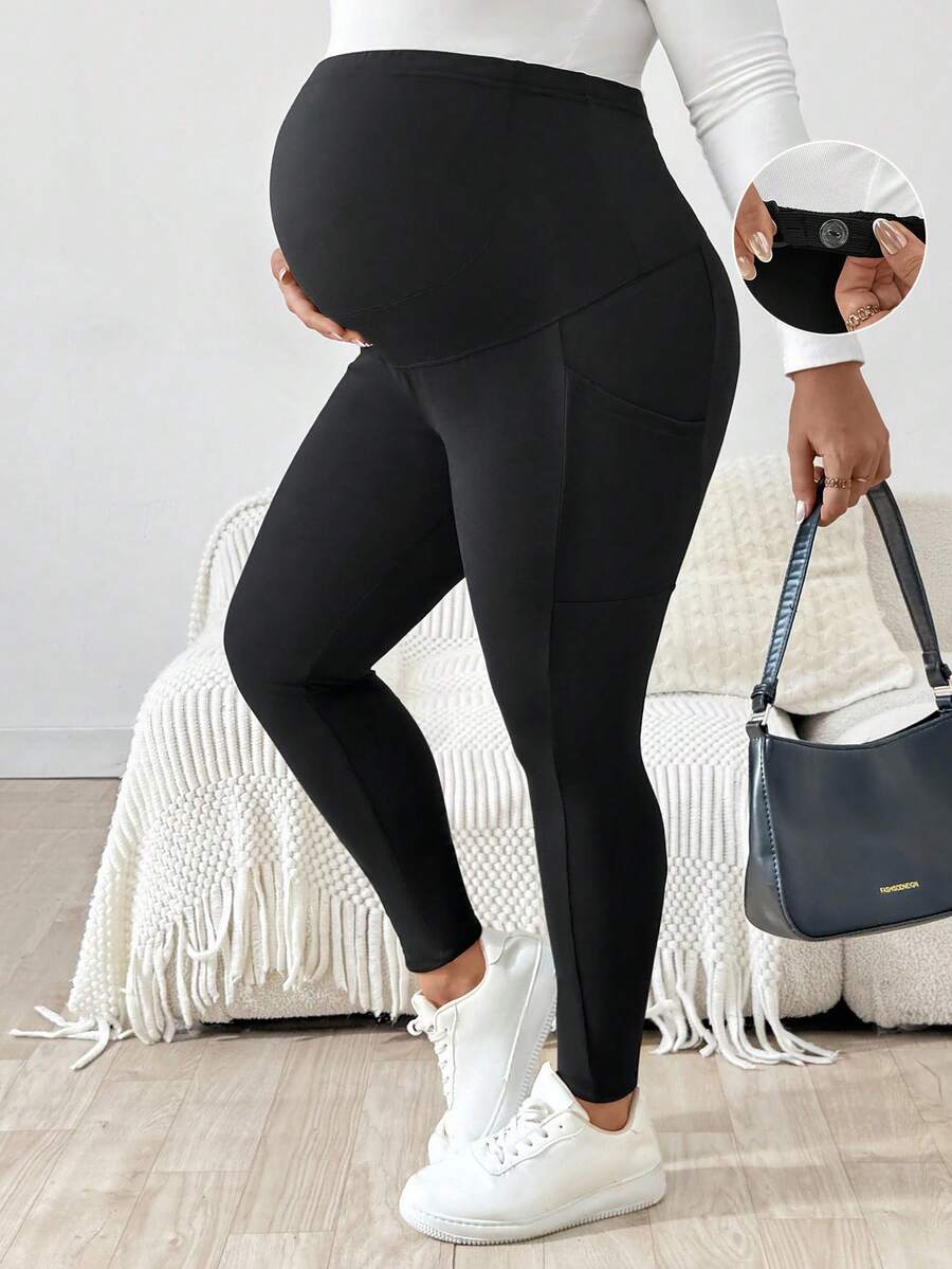 Plus Size Maternity Leggings - Adjustable Waist, Phone Pocket, Ultra High Waist, Slim Fit, Royal Blue