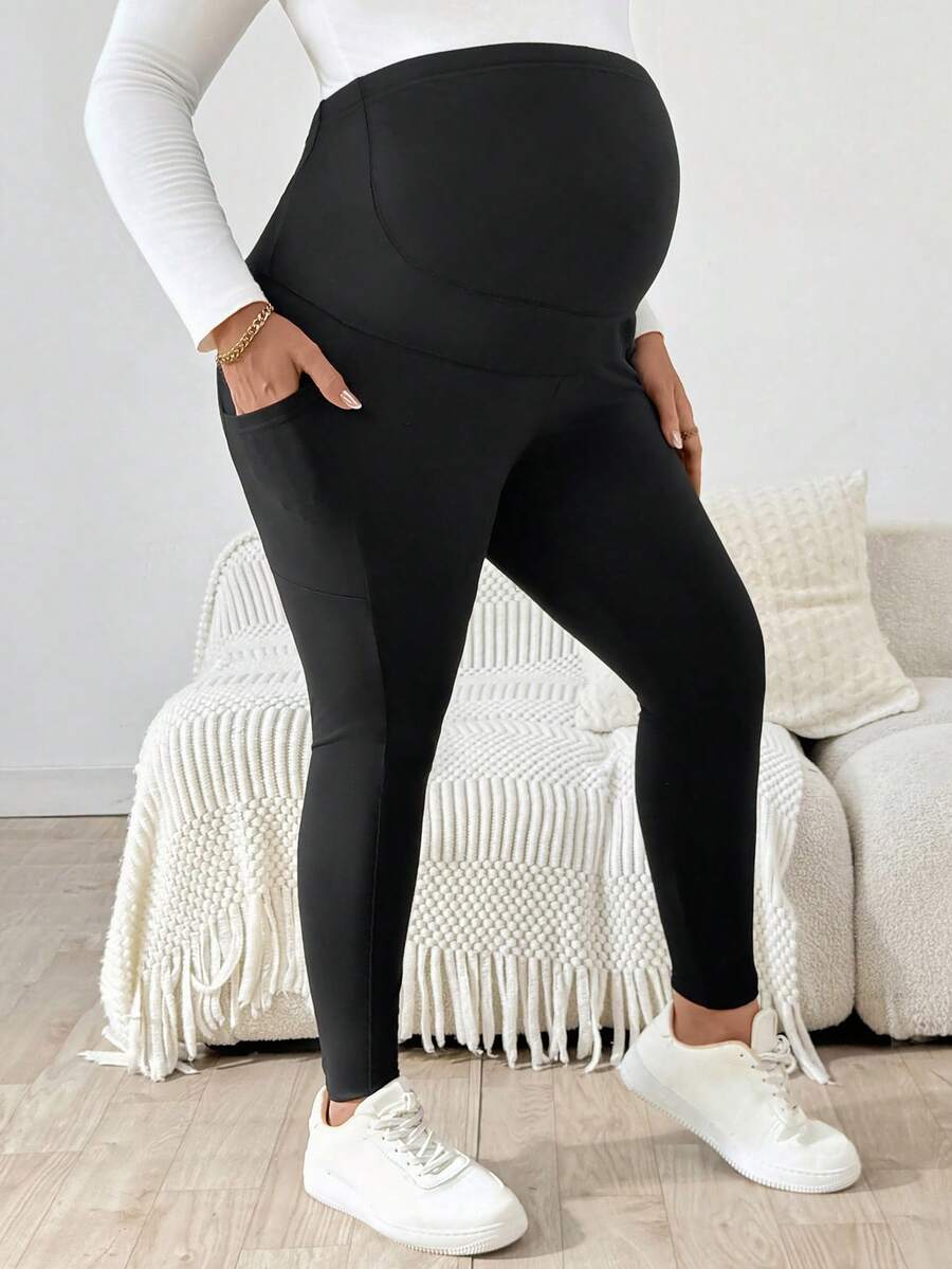 Plus Size Maternity Leggings - Adjustable Waist, Phone Pocket, Ultra High Waist, Slim Fit, Royal Blue