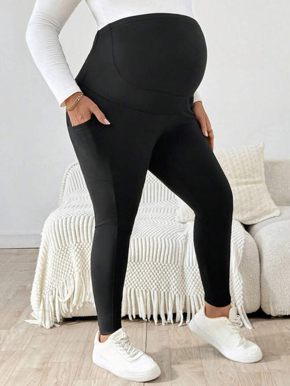 Plus Size Maternity Leggings - Adjustable Waist, Phone Pocket, Ultra High Waist, Slim Fit, Royal Blue