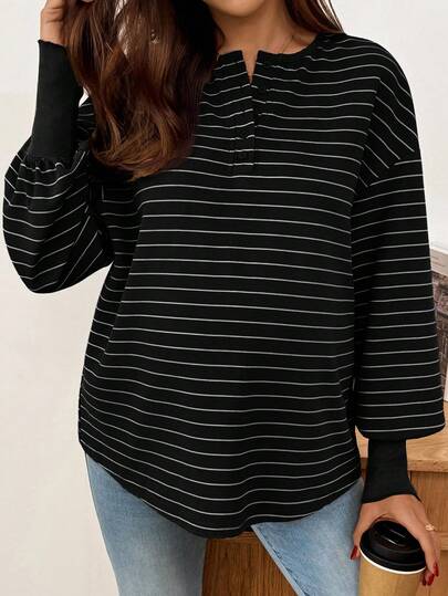 Maternity Striped Long Sleeve T-Shirt Loose Fit Black and White Round Neck Drop Shoulder Knit Top for Casual Styling