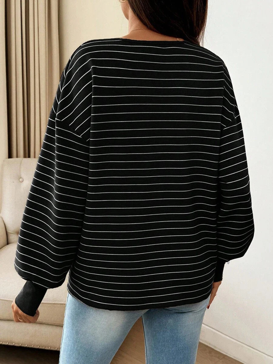 Maternity Striped Long Sleeve T-Shirt Loose Fit Black and White Round Neck Drop Shoulder Knit Top for Casual Styling