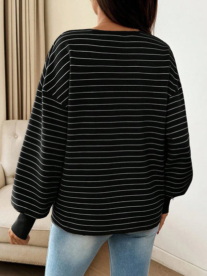 Maternity Striped Long Sleeve T-Shirt Loose Fit Black and White Round Neck Drop Shoulder Knit Top for Casual Styling