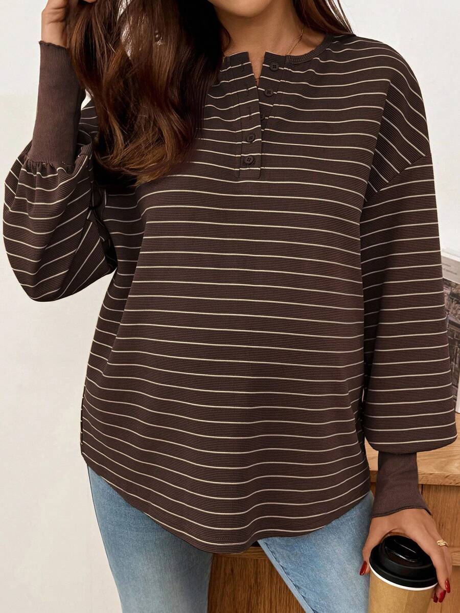 Maternity Striped Long Sleeve T-Shirt Loose Fit Black and White Round Neck Drop Shoulder Knit Top for Casual Styling