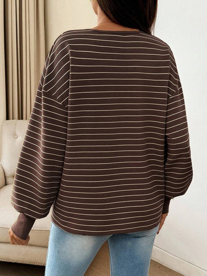 Maternity Striped Long Sleeve T-Shirt Loose Fit Black and White Round Neck Drop Shoulder Knit Top for Casual Styling