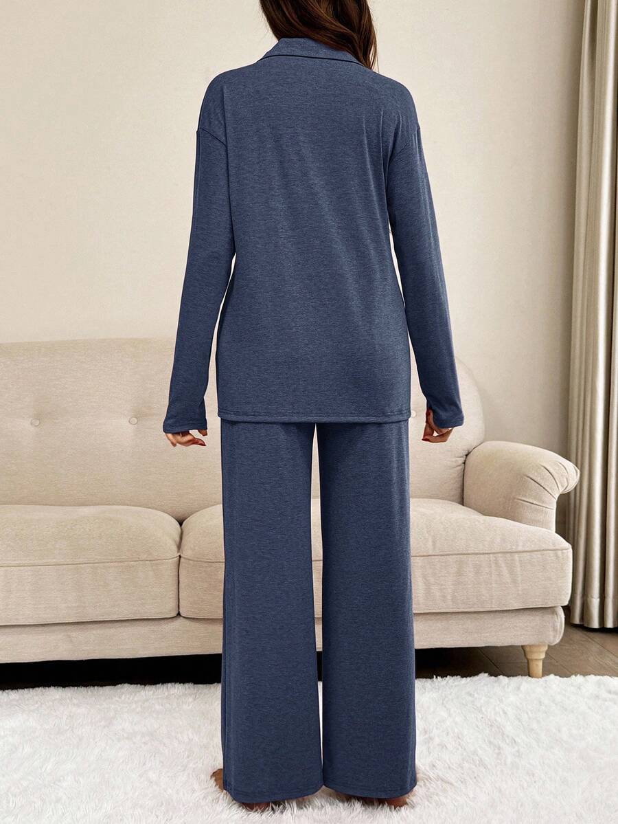 Khaki 2 Piece Maternity Loungewear Set - V-Neck Button Front Long Sleeve Top and Pants - Casual Loose Fit Maternity Sleepwear Suit