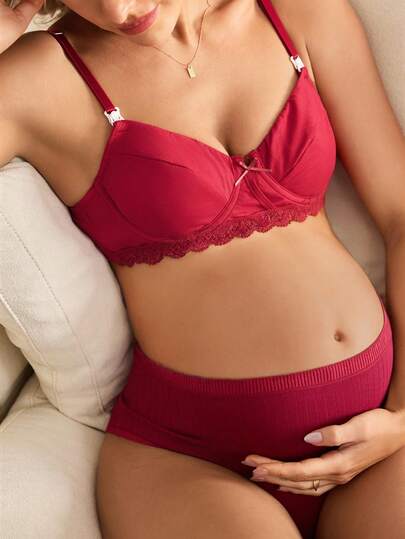 Maternity Christmas Nursing Bra - Lace Patchwork Bow Decor Comfortable Breastfeeding, Festive Support