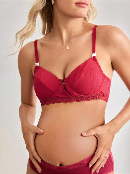 Maternity Christmas Nursing Bra - Lace Patchwork Bow Decor Comfortable Breastfeeding, Festive Support