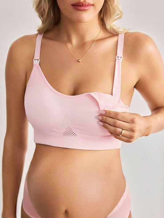 Maternity Nursing Bra - Pink Wireless Seamless Hollow Design High Elasticity, Minimizing Support