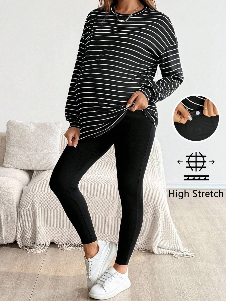 2-Piece Striped Maternity Lounge Set - Long Sleeve Top and High-Waist Leggings for Autumn Winter