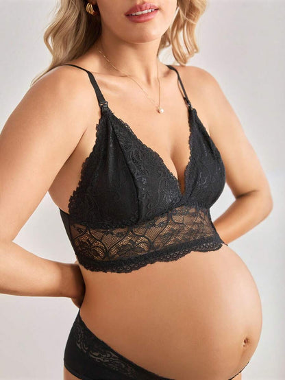 Black Lace Maternity and Nursing Bralette - Wireless High Stretch Floral Plant Pattern Backless Comfort Bra for Pregnancy