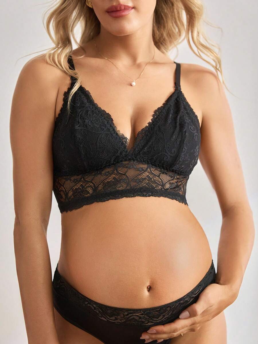Black Lace Maternity and Nursing Bralette - Wireless High Stretch Floral Plant Pattern Backless Comfort Bra for Pregnancy