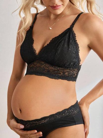 Black Lace Maternity and Nursing Bralette - Wireless High Stretch Floral Plant Pattern Backless Comfort Bra for Pregnancy