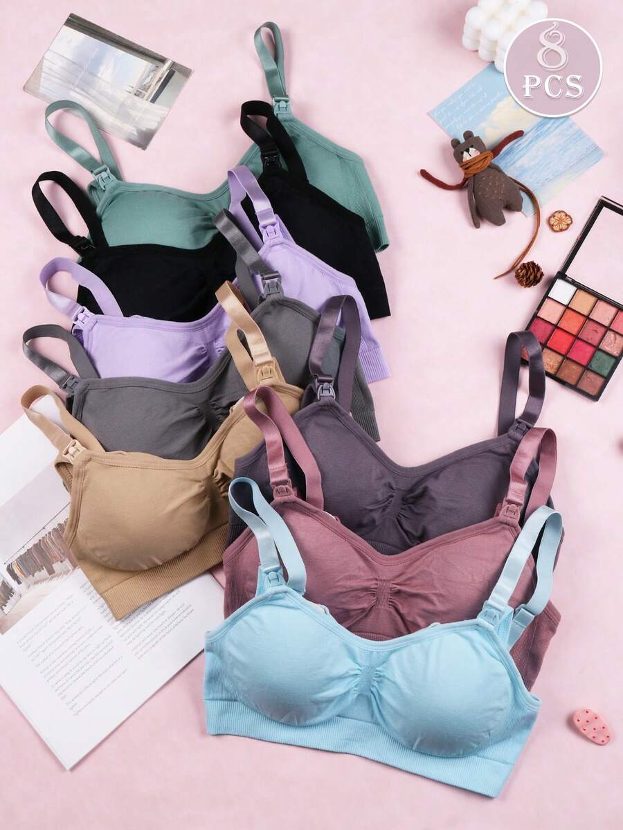 Maternity Nursing Bra 8 Pack - V Neck Seamless Nylon Front Clasp Wireless Lift Support