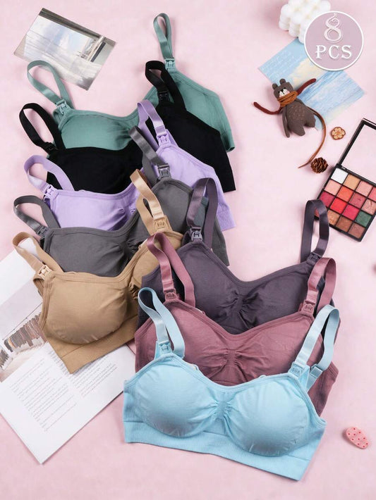 Maternity Nursing Bra 8 Pack - V Neck Seamless Nylon Front Clasp Wireless Lift Support