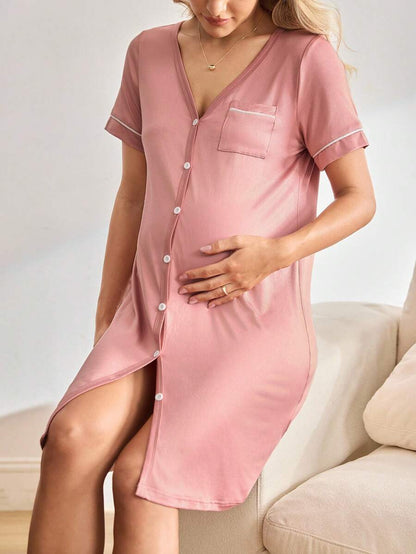 Maternity Dress - V Neck Short Sleeve Single Breasted Casual Nursing Sleepwear, Pregnancy Lounge