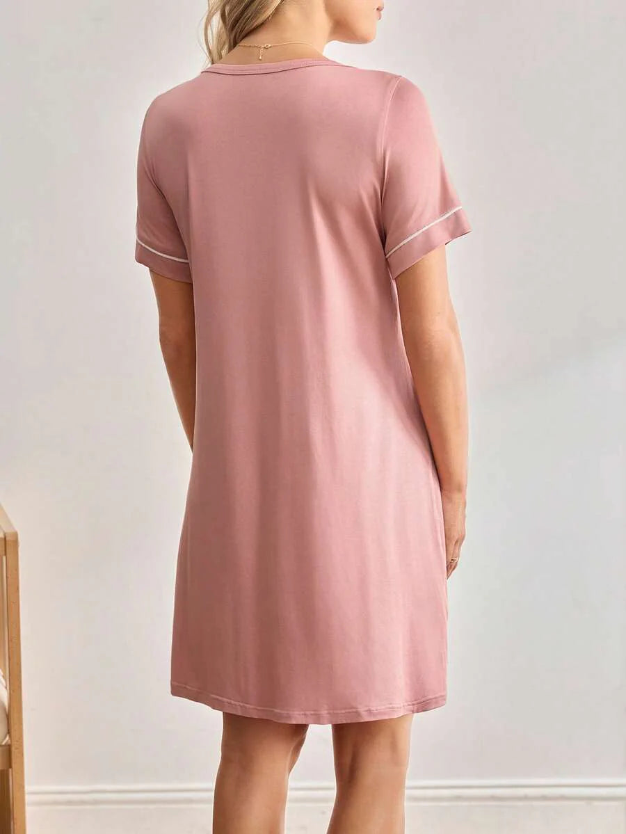 Striped Long Casual Maternity Loungewear With Front Pocket And Regular Short Sleeves