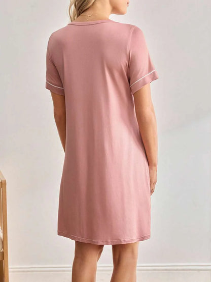 Striped Long Casual Maternity Loungewear With Front Pocket And Regular Short Sleeves