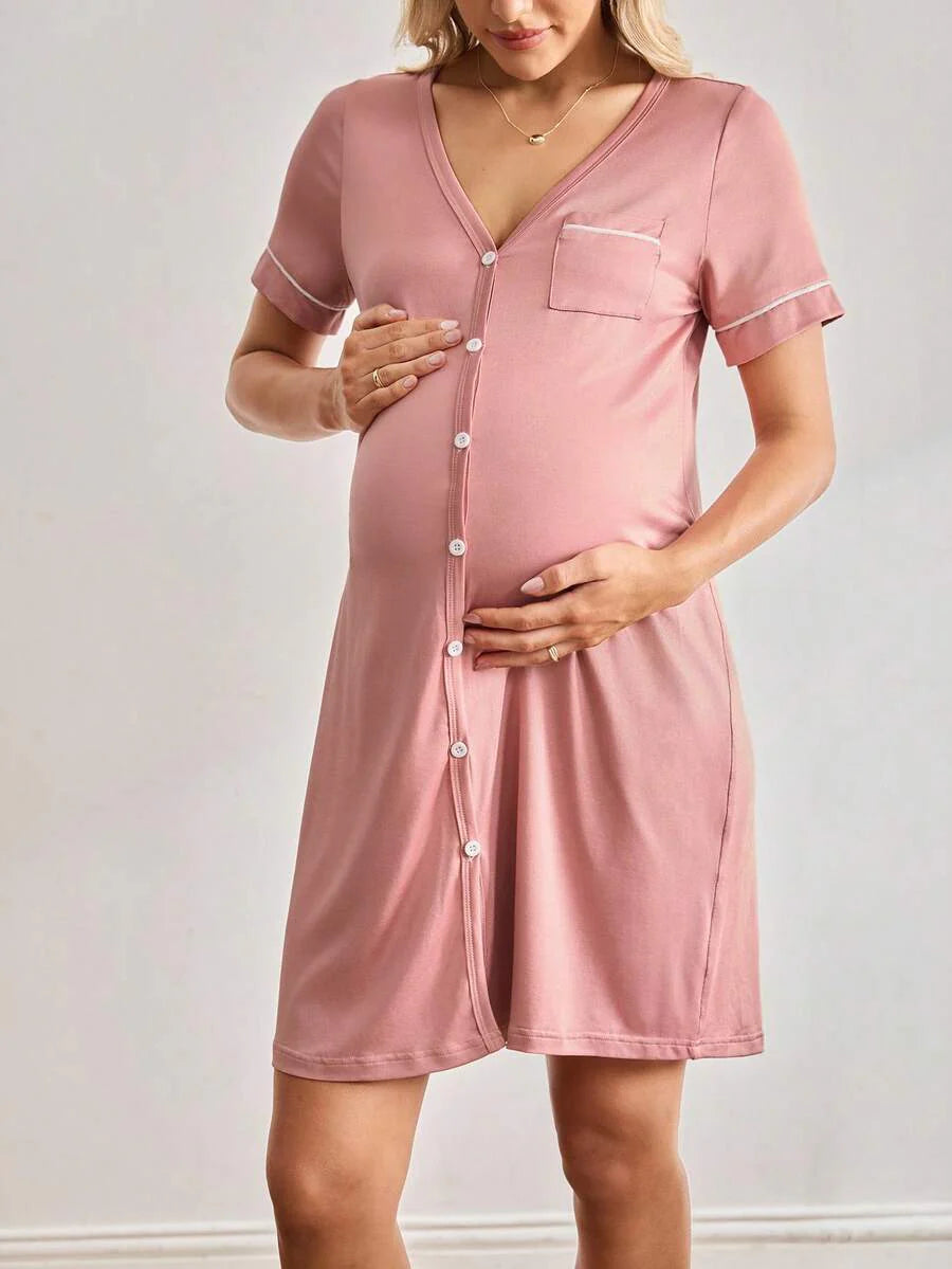 Mama Maternity Solid Color V-Neck Short Sleeve Pocket Single-Breasted Casual Dress Maternity Sleepwear