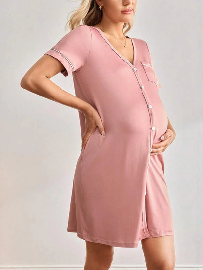 Pink V-Neck Maternity Loungewear Dress - Short Sleeve Knee Length Slim Fit Sleepshirt with Pockets - High Stretch Knitted Summer House Dress