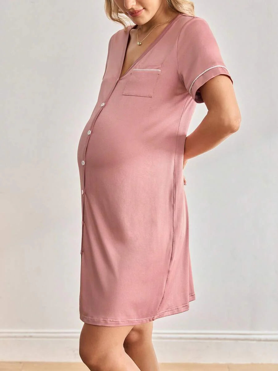 Mama Maternity Solid Color V-Neck Short Sleeve Pocket Single-Breasted Casual Dress Maternity Sleepwear
