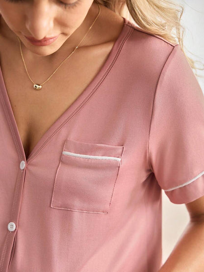 Pink V-Neck Maternity Loungewear Dress - Short Sleeve Knee Length Slim Fit Sleepshirt with Pockets - High Stretch Knitted Summer House Dress