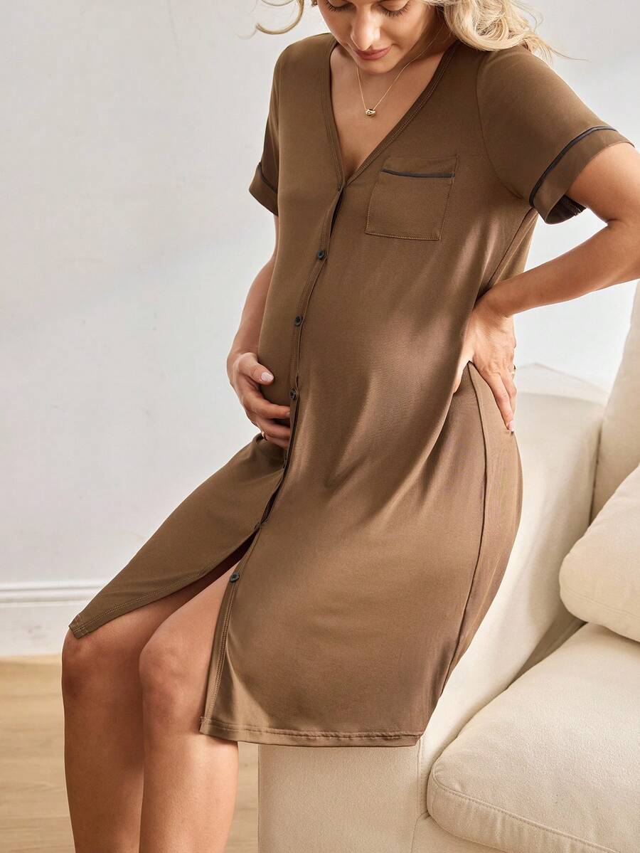 Pink V-Neck Maternity Loungewear Dress - Short Sleeve Knee Length Slim Fit Sleepshirt with Pockets - High Stretch Knitted Summer House Dress