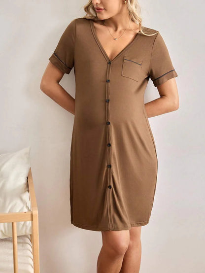 Pink V-Neck Maternity Loungewear Dress - Short Sleeve Knee Length Slim Fit Sleepshirt with Pockets - High Stretch Knitted Summer House Dress