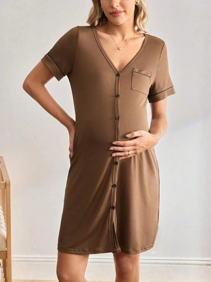 Striped Long Casual Maternity Loungewear With Front Pocket And Regular Short Sleeves