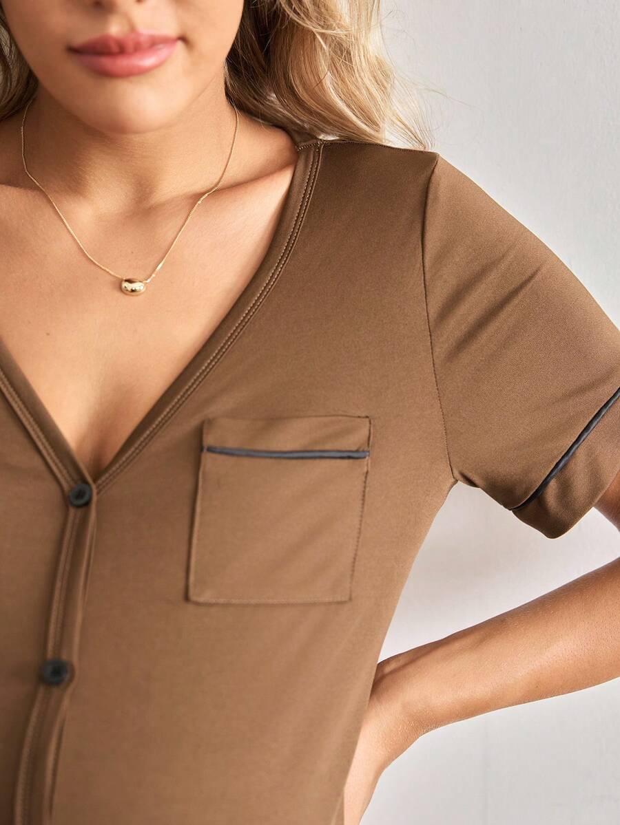 Striped Long Casual Maternity Loungewear With Front Pocket And Regular Short Sleeves