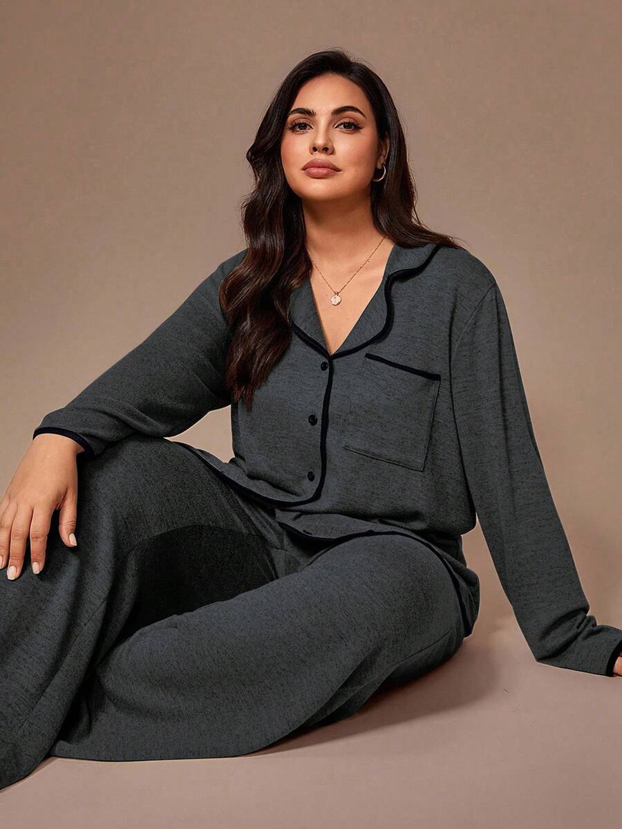 Lazeform Plus Size Burgundy Knit Pajama Set - Floral Mesh Contrast Button Front Lounge Set - Soft 2 Piece Maternity Sleepwear with Pockets